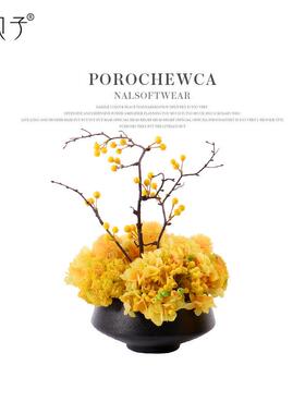 新中式黄色软装饰品盆景玄关博古架墙柜售楼处洽谈桌前台桌面摆件