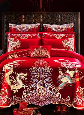 婚庆四件套大红色纯棉结婚床品六八十件套全棉蕾丝刺绣花床上用品