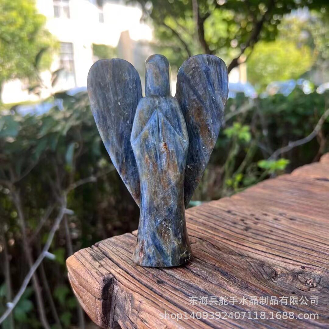 Kyanite 天然水晶蓝晶 原石雕刻站立天使创意摆件工艺品 跨境热销