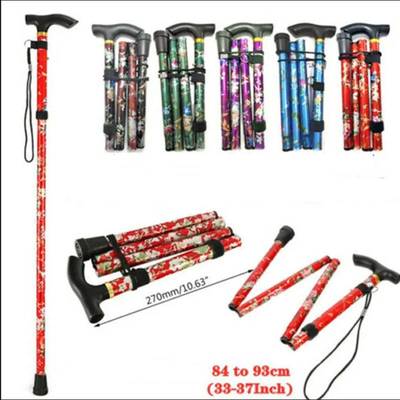 折叠户外旅游登山杖印花款老年伸缩直柄手杖徒步爬山老人拐杖