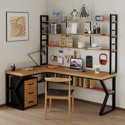 实木书桌书架一体桌组合拐角桌学习书桌带洞洞板简约转角电脑桌
