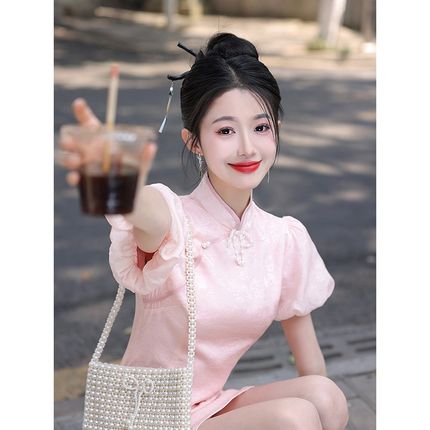 粉色旗袍20e24新款改良年轻款少女小个子短款日常可穿法式绝美夏