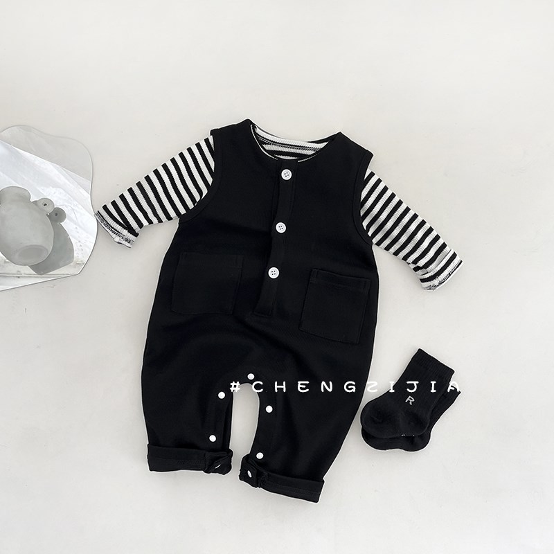 男童春秋装连体衣套装婴幼儿条纹长袖T恤背带裤宝宝衣.服无袖爬服