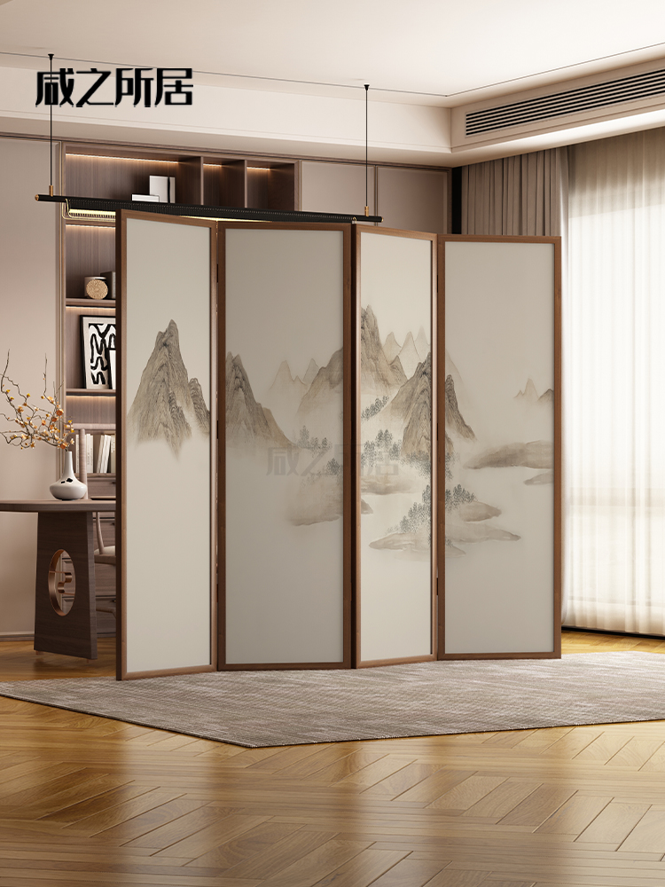 新型中式实木移动屏风隔断茶室客厅景观乔其纱屏风透光不透光屏风
