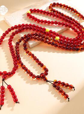 血丝珀108佛珠多圈手链酒红色树脂琥珀蜜蜡圆珠文玩复古手串