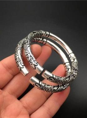 双龙抱柱霸气浮雕龙纹开口手镯复古风做旧合金手镯男女同款