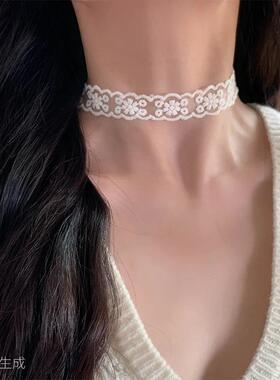 白色网纱蕾丝花朵项链女轻奢小众设计感项圈choker颈链锁骨链配饰