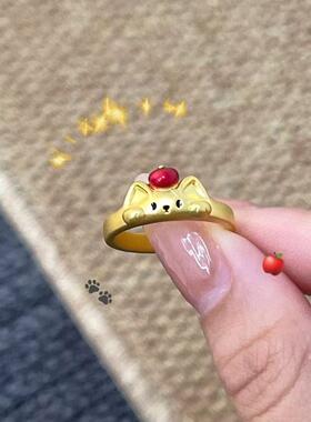 卡通金色复古红苹果小猫戒指可爱简约时髦洋气高级感小众独特戒指