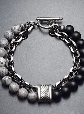 欧美磨砂地图石男士手链 串珠金属手串 饰品珠宝跨境电商货源