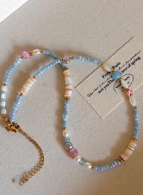 夏日度假风甜美多巴胺彩色小米珠项链小众时尚气质百搭锁骨链饰品