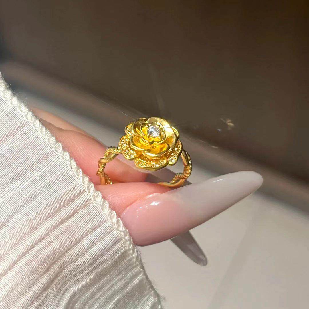 新款金色玫瑰戒指女款金色带钻玫瑰花时尚开口指环玫瑰花戒指指环