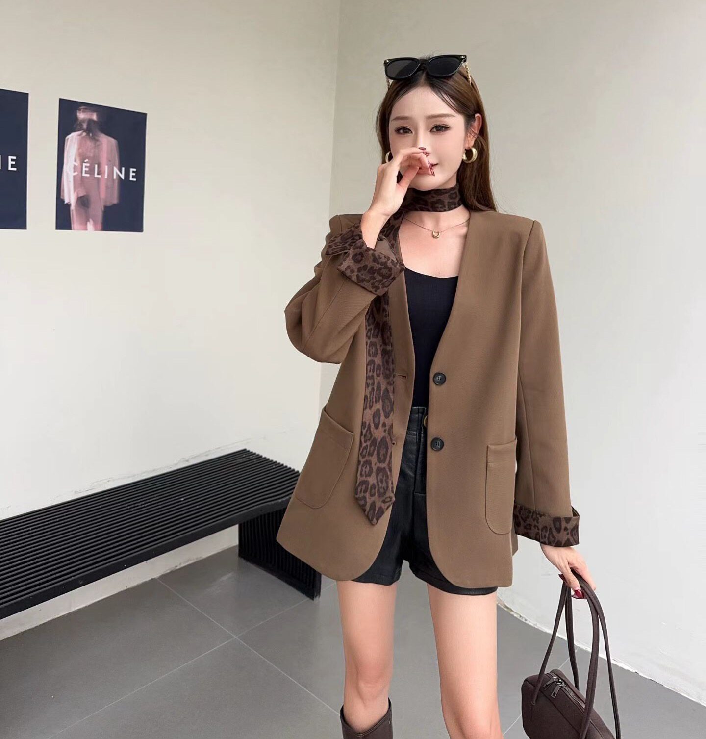 高级感豹纹拼接飘带西装外套女2025秋冬新款洋气百搭休闲加厚西服