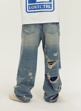 LOSTCTRL大破坏双层破洞牛仔裤男宽松直筒复古做旧嘻哈国潮