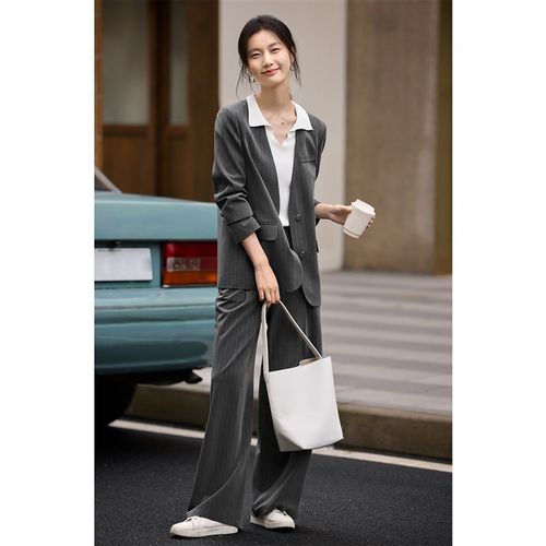 XWI欣未知性老钱风条纹无领西装长裤套装女2025年早春穿搭一整套