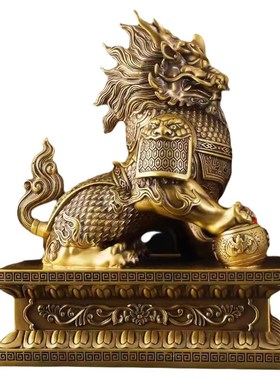 纯黄铜麒麟公母一对摆件聚财纳福麒麟客厅玄关家居办公桌面装饰品