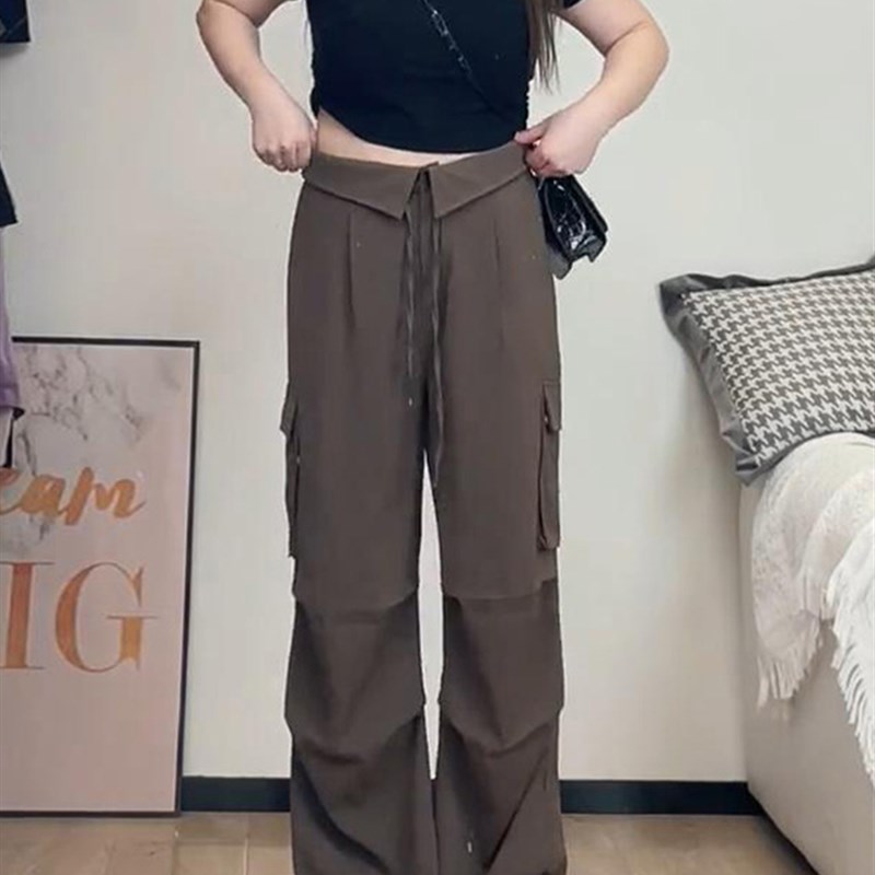 大码胖mm梨型身材棕色休闲百搭遮肚子遮胯显瘦翻边阔腿西装工装裤