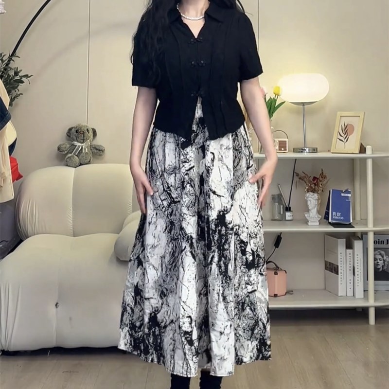 微胖MM新中式国风短袖衬衫套装夏季新款水墨半身裙子设计感两件套