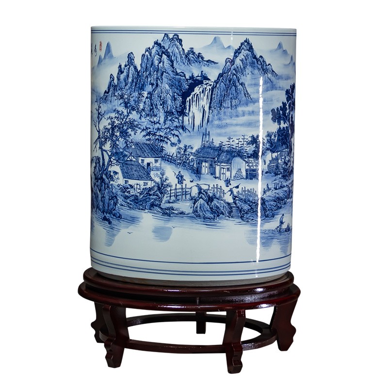 景德镇陶瓷字画缸卷轴缸字画桶箭筒青花瓷花瓶新中式客厅书房摆件