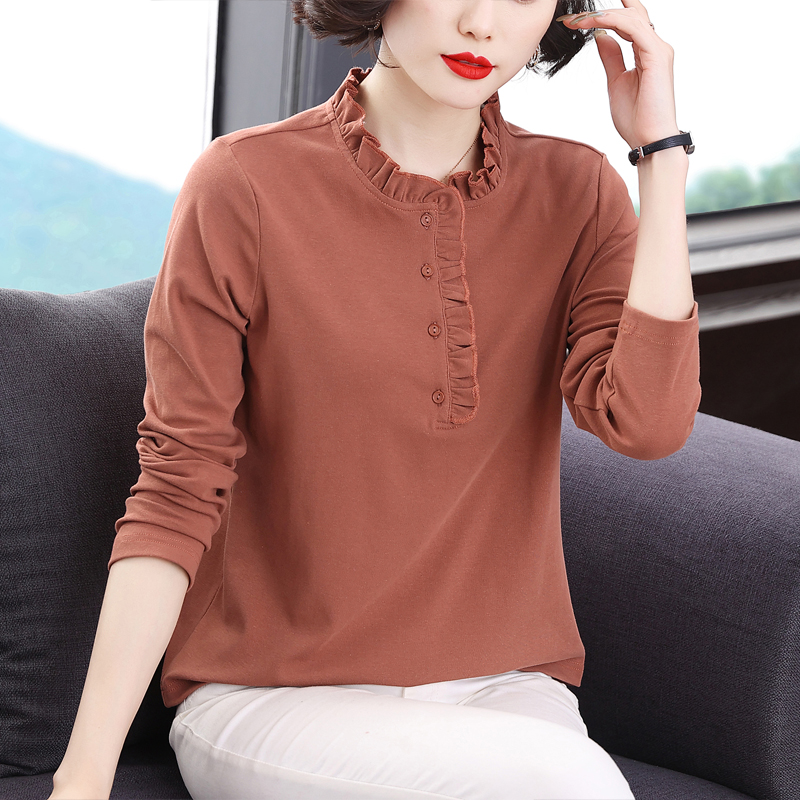 纯棉长袖t恤女洋气上衣中年妈妈装2021早春新款花边立领打底衫潮