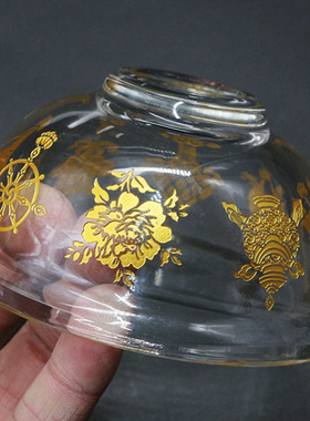 水晶供水杯碗杯八吉祥描金透明玻璃碗桌面工艺礼品摆饰饰品摆件小