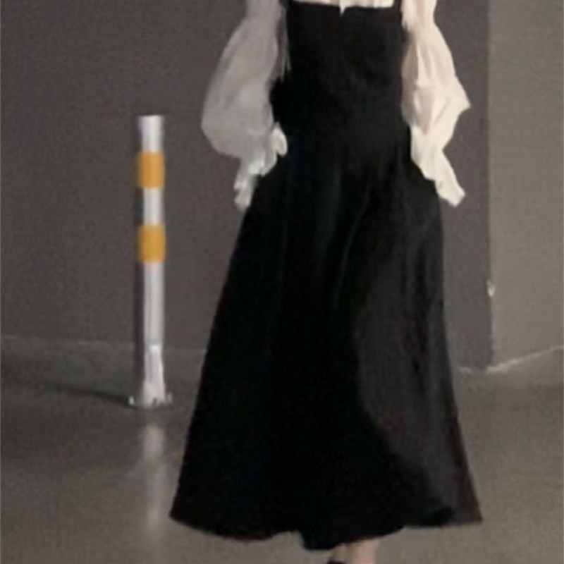 大码胖妹妹套装女春装新款宽松显瘦中长款背带连衣裙+灯笼袖衬衫