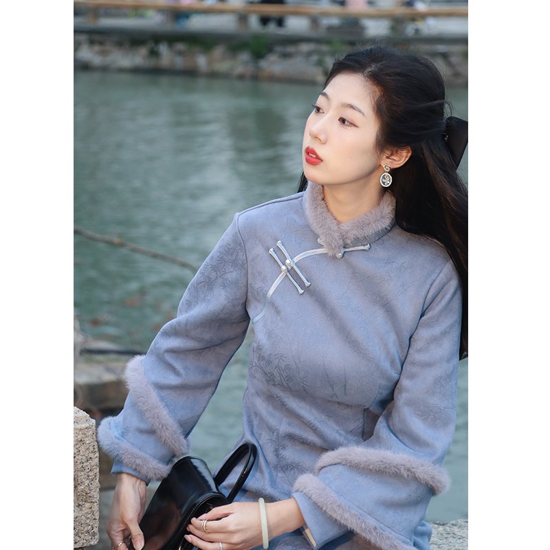 书竹新中式旗袍蓝色加绒加厚2024新款冬季民国风保暖秋冬款改良女