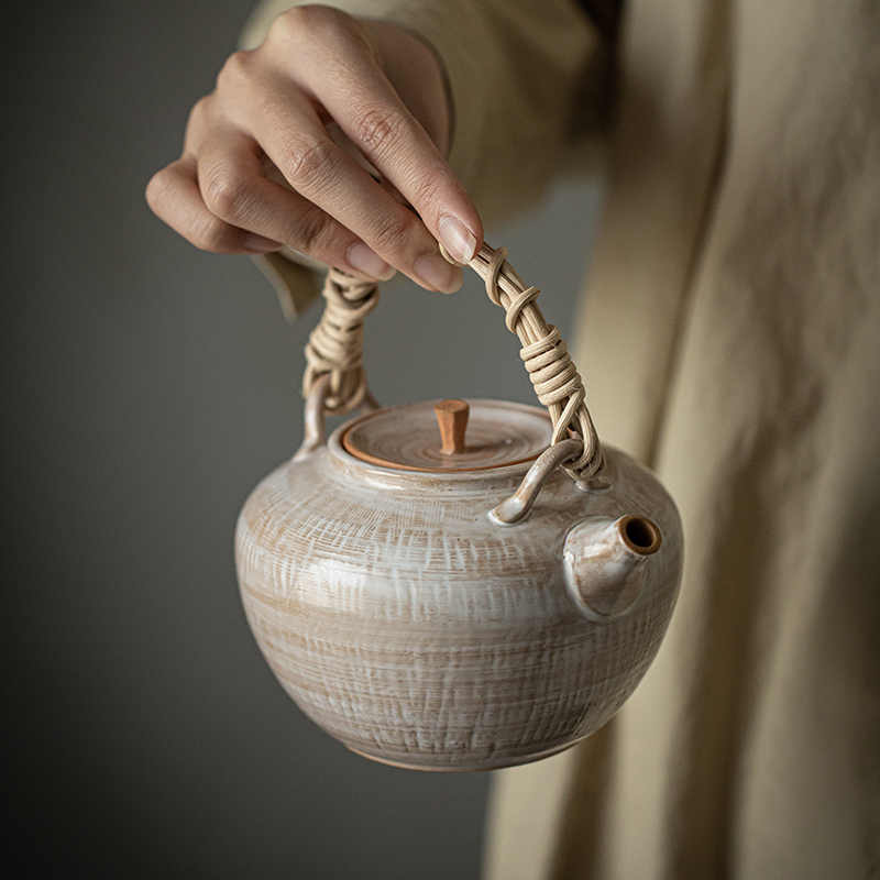 草木祠 陶瓷藤编提梁壶泡茶壶烧水壶煮茶壶 粗陶功夫茶具电陶炉用
