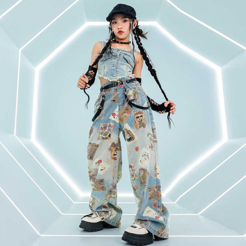 爵士舞jazz服装女孩子洋气吊带牛仔套装T台走秀服儿童街舞表演服