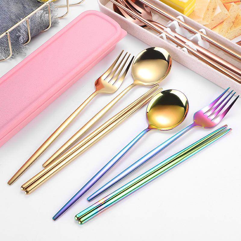 葡萄牙不锈钢勺筷叉三件套便携式圆勺筷子套装镀金叉勺礼品餐具盒