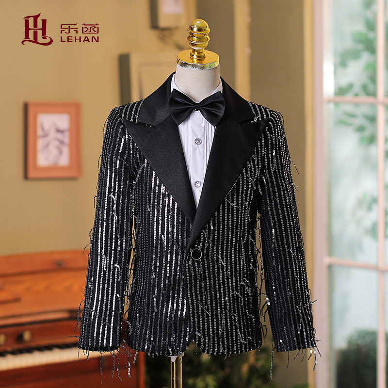 男童流苏亮片礼服黑色西服套装