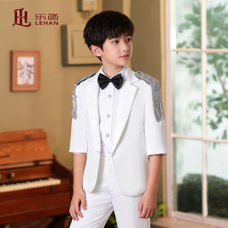 乐菡白色礼服男童套装短袖西服男