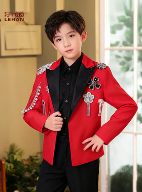 男童西装套装红色礼服演奏表演服帅气男孩儿童西装合唱指挥服男