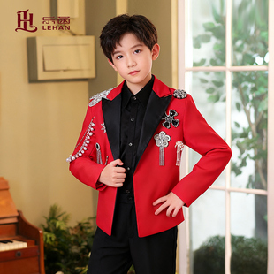 男童西装套装红色礼服演奏表演服帅气男孩儿童西装合唱指挥服男
