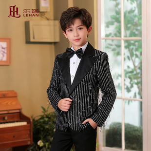 男童流苏亮片礼服黑色西服套装儿童唱歌演出服男孩主持人服装闪亮