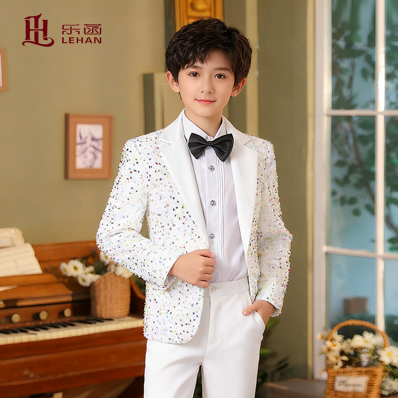 男童白色亮片演出服走秀西装套装