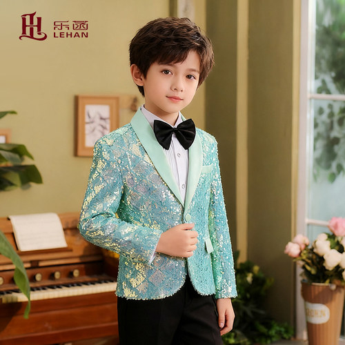 孔雀蓝礼服儿童男表演西服马甲