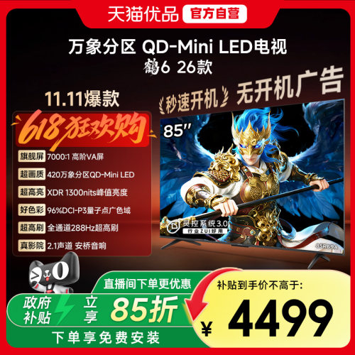 雷鸟鹤6 26款 85英寸MiniLED分区4K 288Hz超高刷平板电视机85R69A