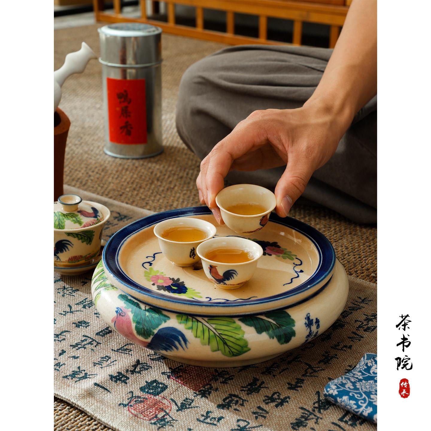 潮汕老式民国风潮州枫溪茶具手绘五彩公鸡茶杯储水式茶盘礼盒套组