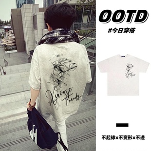 花灰色美式复古纯棉男女印花T恤夏季潮牌情侣显白宽松圆领短袖衫