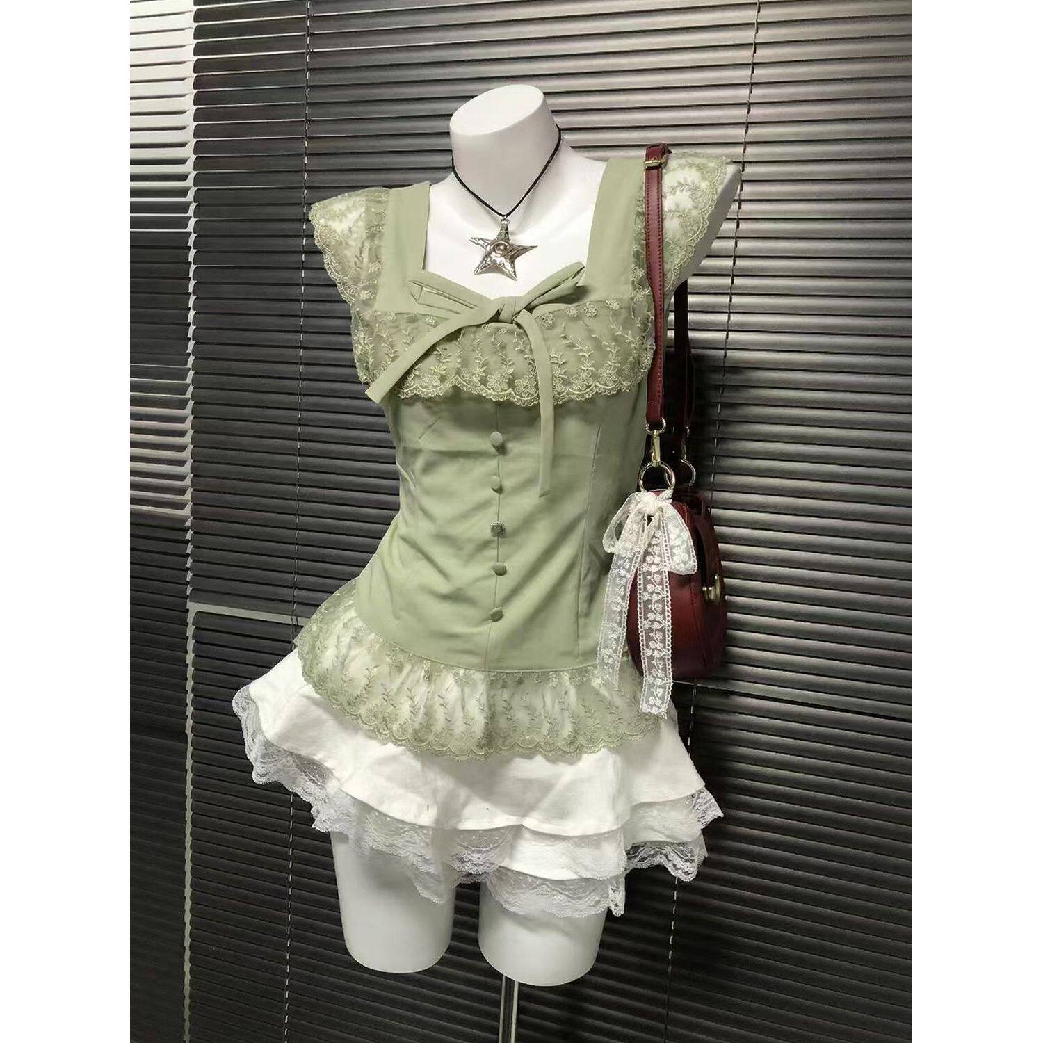 可可森林 日系草木系薄荷绿色衬衫短裙套装女夏季蕾丝设计两件套