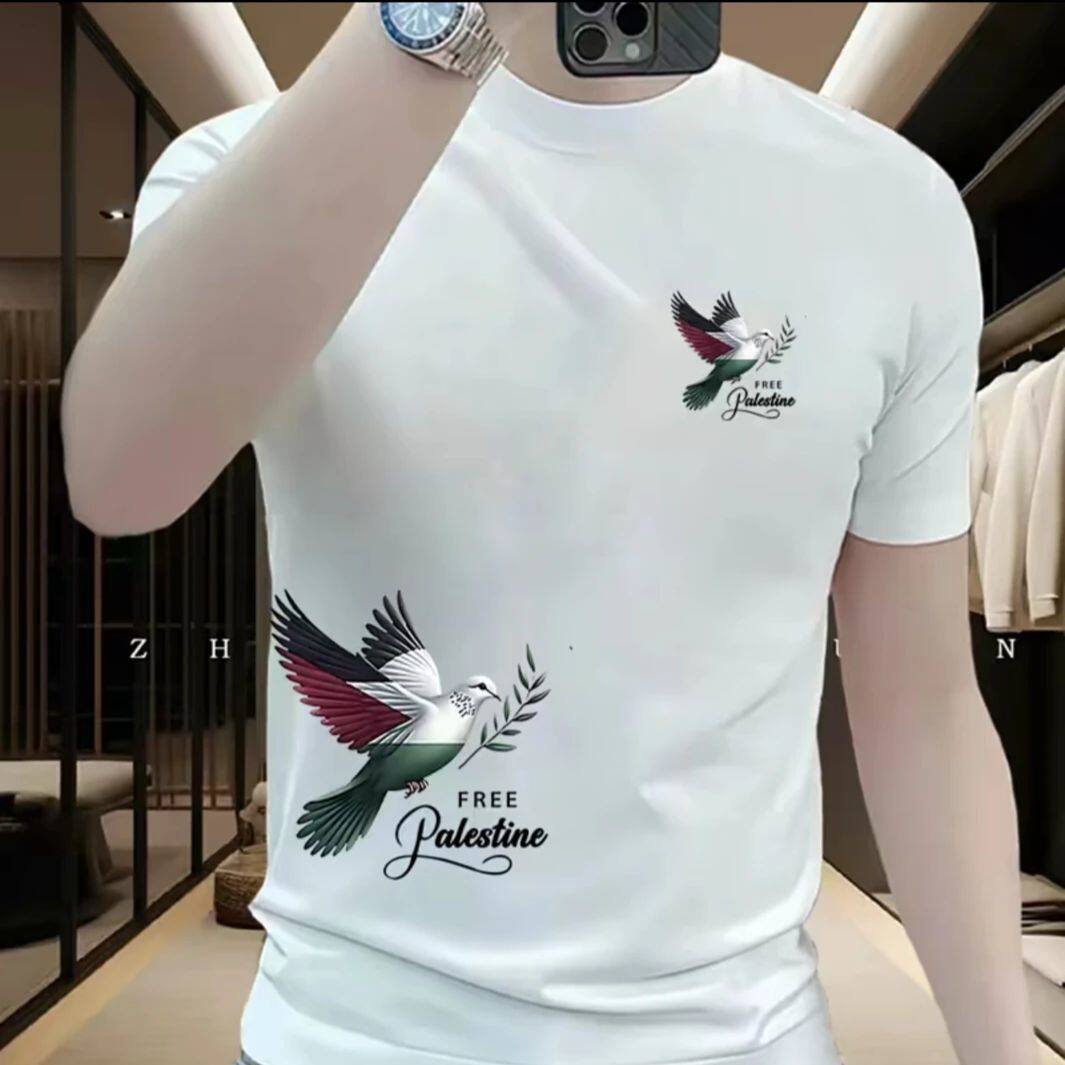 2025夏季新款短袖纯棉男潮流宽松百搭休闲鸽子印花圆领T恤时尚