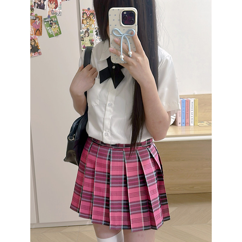 JK原创春夏校供感jk格裙学生a字半身裙学院风玫红百褶裙短裙