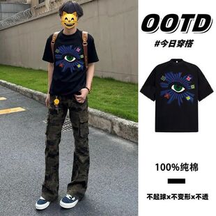 美式复古眼睛印花纯棉短袖男女夏季潮牌宽松半袖高街痞帅t恤上衣