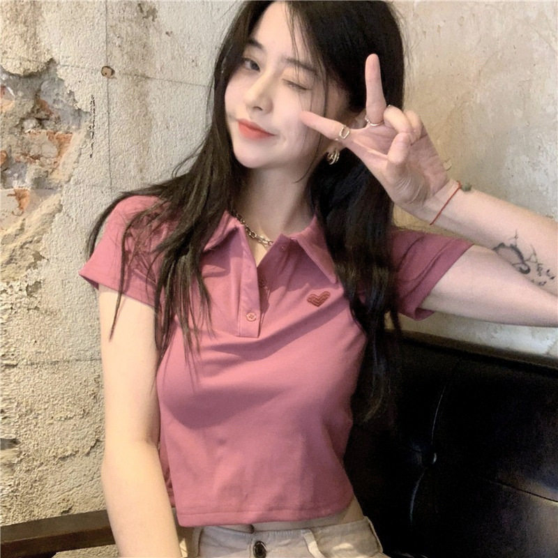 polo衫翻领短袖t恤女夏季火龙果红色修身高腰小个子正肩短款上衣