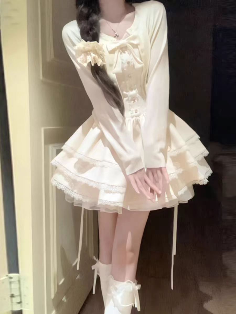 甜美小个子春夏穿搭独特超好看开衫外套蓬蓬蛋糕连衣裙套装潮