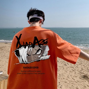 橙色新款美式重磅纯棉短袖T恤男女情侣印花宽松五分袖半袖体恤衫