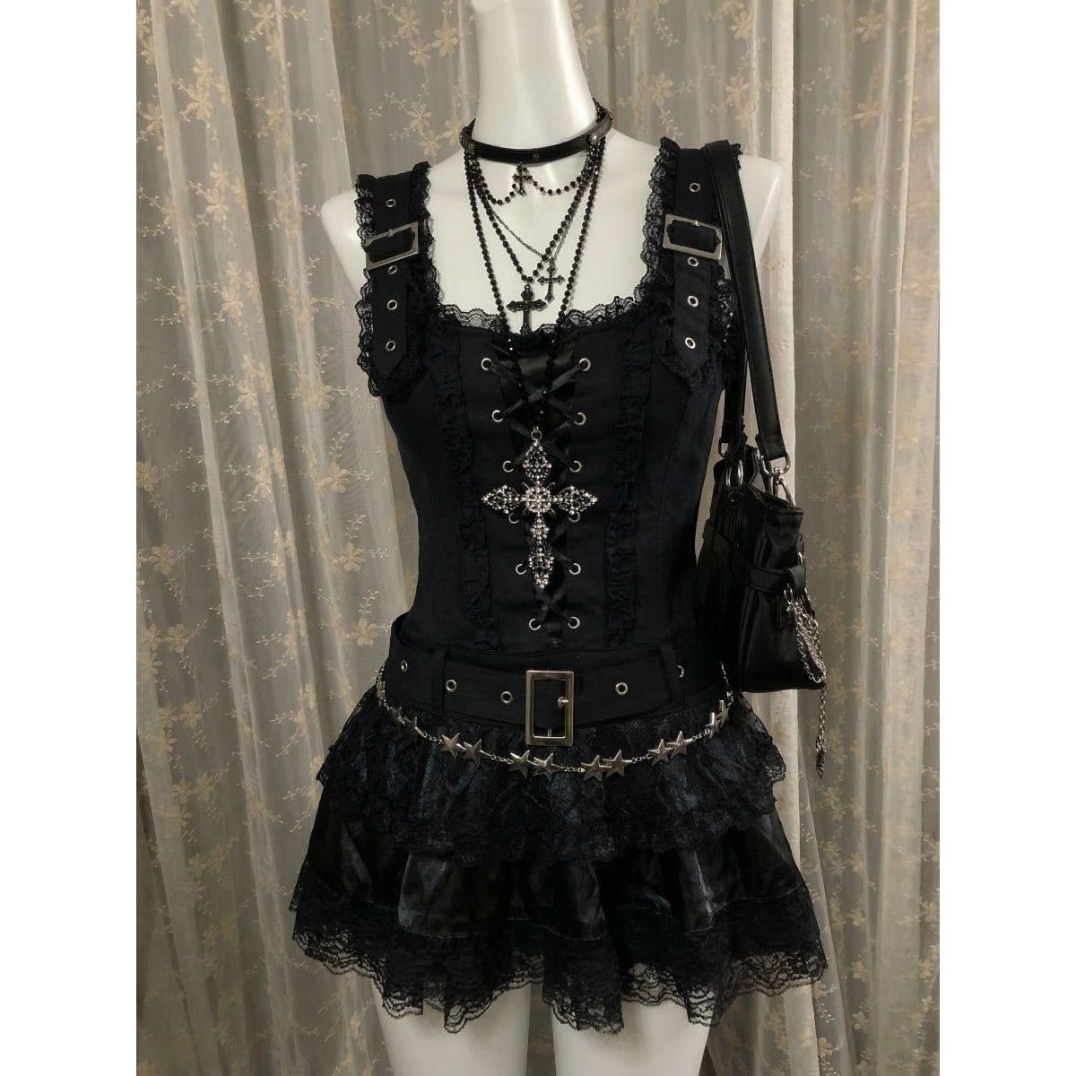 甜酷风vintage古着短裙女夏季日系暗黑风蕾丝拼接y2k亚文化连衣裙
