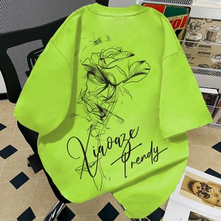 荧光绿美式复古纯棉男女印花T恤夏季潮牌情侣显白宽松圆领短袖衫