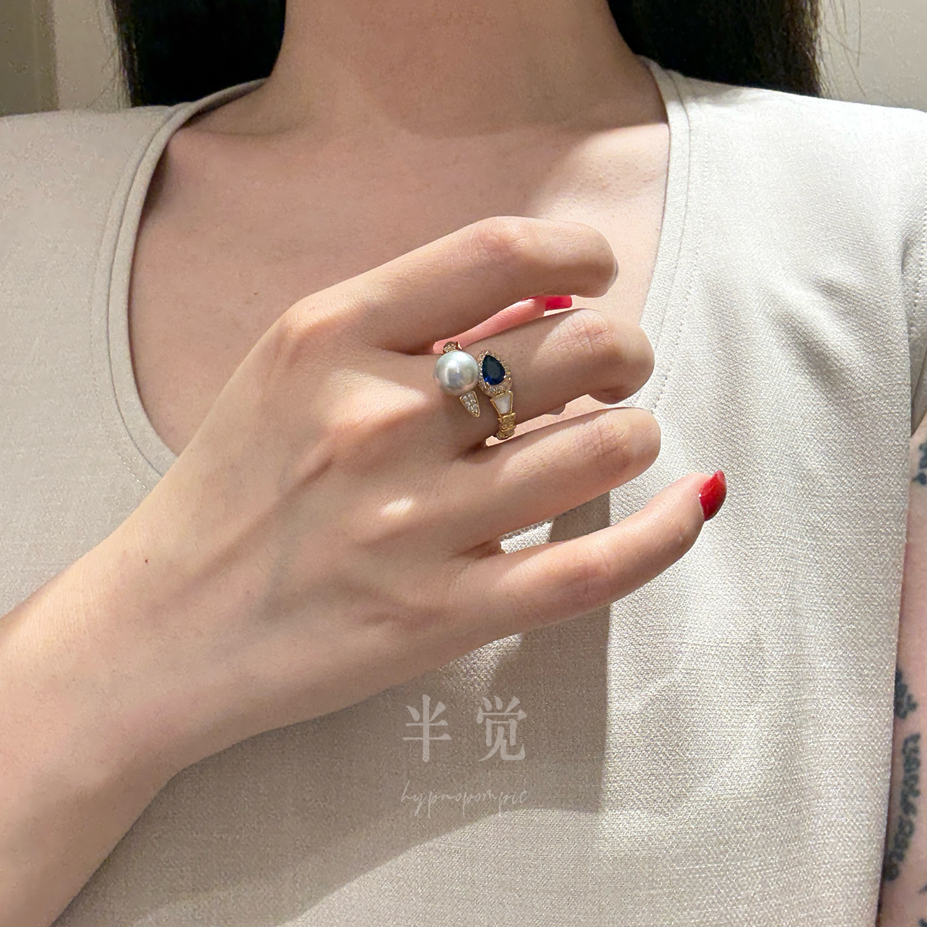 半觉珍珠戒指纯银重工蓝宝石送闺蜜礼物尾戒上开口