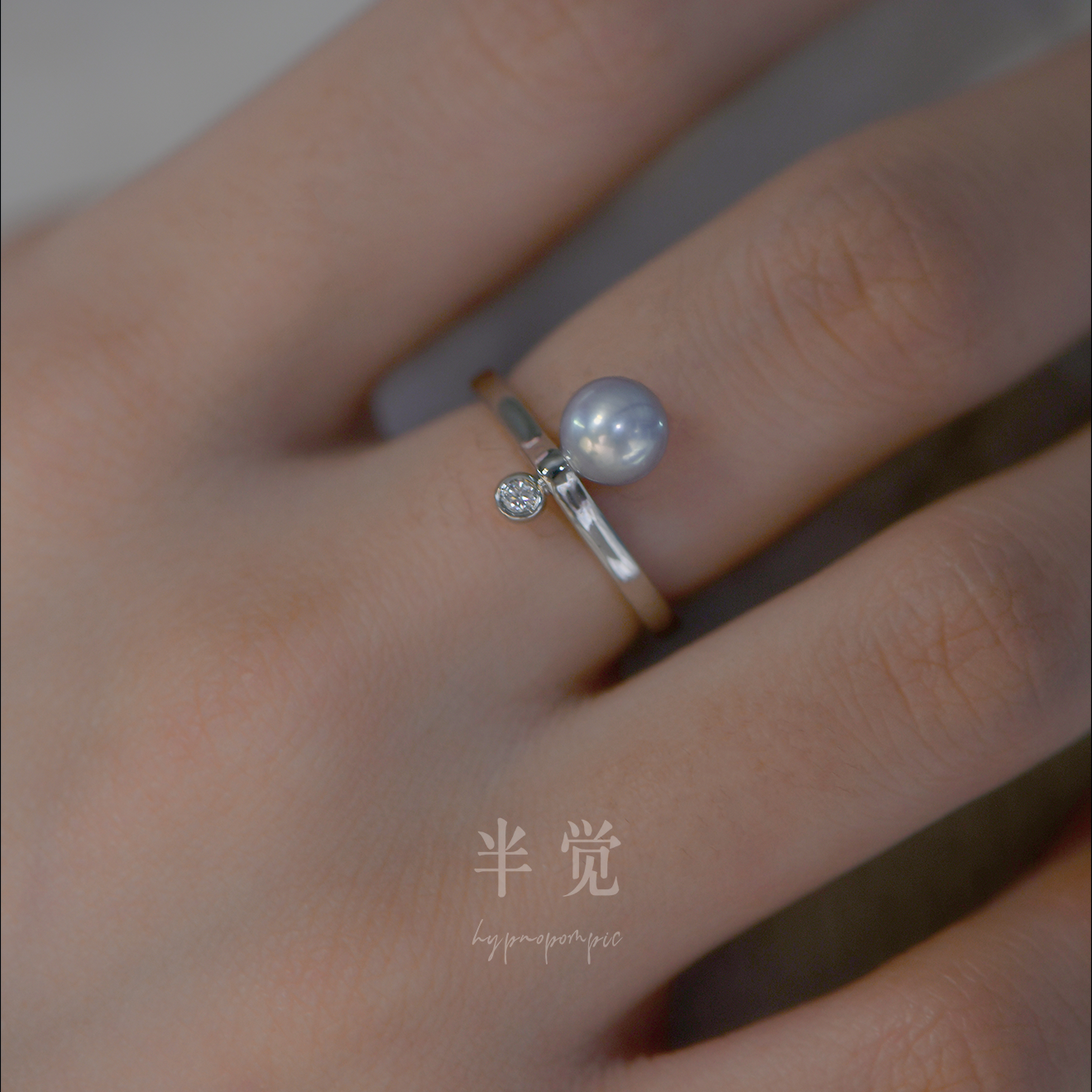 半觉“珠玑”一珠一钻精选铂金灰珠设计中性纯银戒圈极简极酷戒指